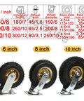 Heavy Duty Swivel Caster Wheels With Silent Pneumatic Rubber Tires in 6-inch, 8-inch, and 10-inch sizes for work carts.