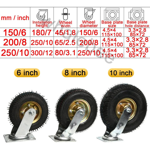 Heavy Duty Swivel Caster Wheels With Silent Pneumatic Rubber Tires in 6-inch, 8-inch, and 10-inch sizes for work carts.