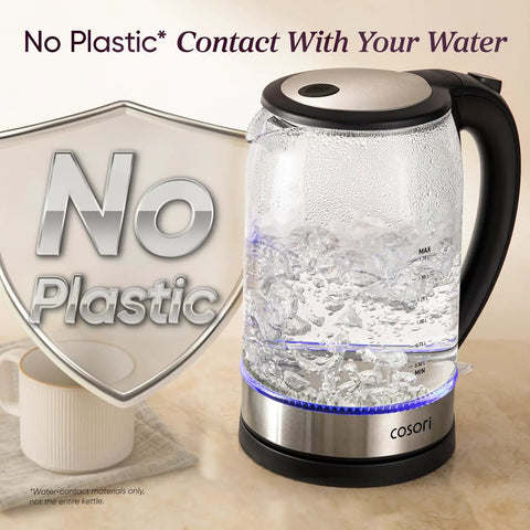 No Plastic Water Contact Electric Kettle With Wide Mouth Borosilicate Glass 1.7L Tea Kettle Auto Shut Off Quick Boil Under 3 Minutes Easy Clean 1500W Black with a stainless steel base on a kitchen counter.