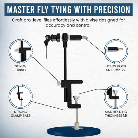 Heavy Duty Rotary Fly Tying Vise With Sturdy Bench Clamp And Smooth Adjustable Tension Built Tough For Daily Workshop Grind This Portable Fly Fishing Crafting Tool Works Like A Dream For Newbies And Veterans Alike, showcasing clamp base and hook holder.
