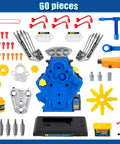 V6 Engine Take Apart Building Kit For Kids 60 Piece STEM Toy With Realistic Lights Sounds And Tools displayed with components