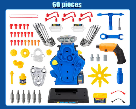 V6 Engine Take Apart Building Kit For Kids 60 Piece STEM Toy With Realistic Lights Sounds And Tools displayed with components