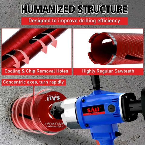 Front view of SALI diamond core drill bit kit in red, with blue drill handle, for concrete and masonry drilling