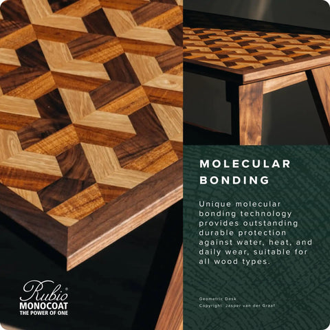 Geometric wooden desk showcasing molecular bonding protection by Rubio Monocoat.