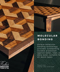Close-up of a geometric wood desk showcasing One Coat Chocolate Wood Stain And Finish Oil Plus 2C for indoor use on wood surface.