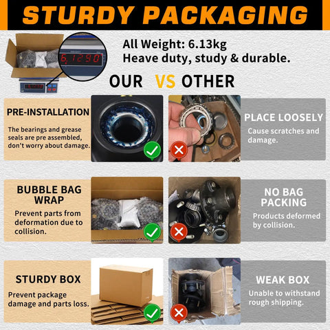 Packaging comparison chart for Two Pack Heavy Duty Trailer Hub Kit showing pre-installed bearings and sturdy vs weak box options.