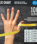 Med Pride orange nitrile disposable gloves, 100-count, Large size, diamond texture; hand with measuring tape in front view