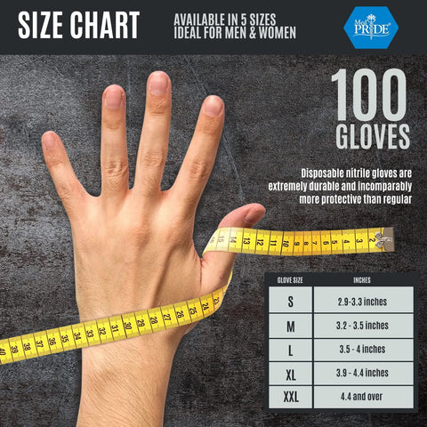Med Pride orange nitrile disposable gloves, 100-count, Large size, diamond texture; hand with measuring tape in front view