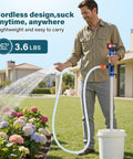 Man using Cordless Stick Water Transfer Pump With 6.5 Ft Extended Hose, Dual 4000mAh 21V Batteries, Makita Compatible in garden