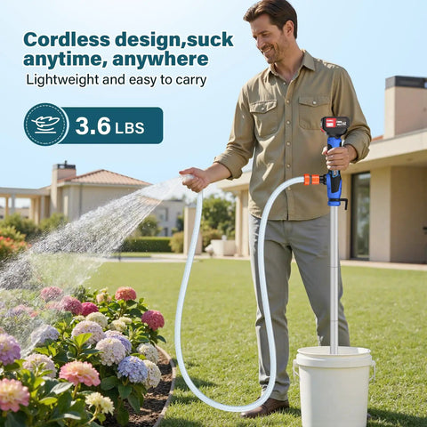 Man using Cordless Stick Water Transfer Pump With 6.5 Ft Extended Hose, Dual 4000mAh 21V Batteries, Makita Compatible in garden