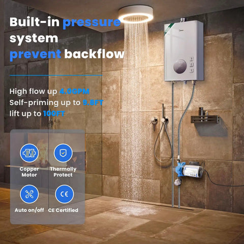 Bathroom setup with 110V Water Transfer Pump With Self Priming Diaphragm Delivers 4.0 GPM At 45 PSI Quiet Operation installed on tiled wall.