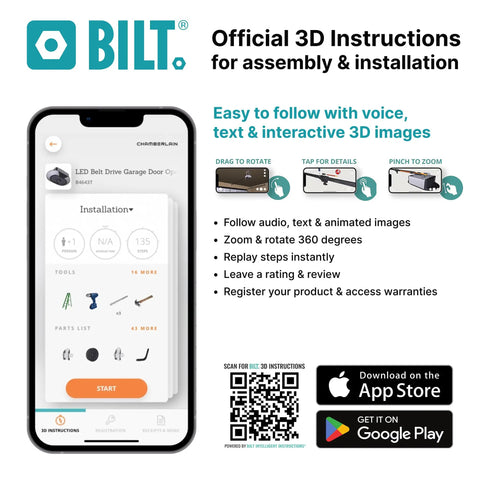 BILT app screen showing assembly instructions for Half Horsepower Chain Drive Smart Garage Door Opener with Battery Backup and MyQ Connectivity.