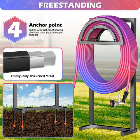 Rugged Tough As Nails Heavy Duty Outdoor Hose Holder Reel With Four Spikes Freestanding Metal Hose Storage Stand for 150 Ft Hose