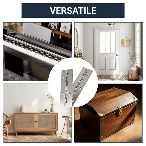 Super Solid 12 Inch Stainless Steel Piano Hinge With Pre Drilled Holes And Screw Kit showcased with a piano and furniture.