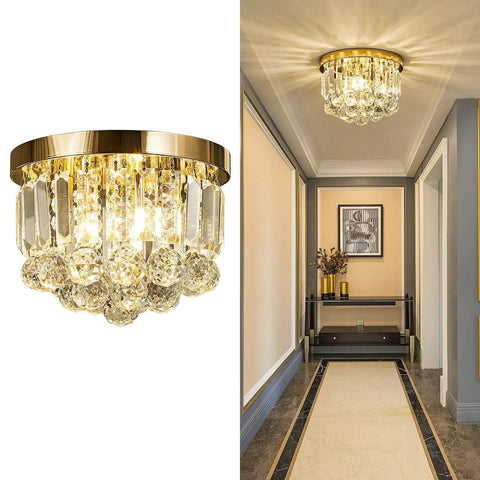 Gold Round Crystal Chandelier Ceiling Light With G9 Mount, 3 Light Pendant, Modern Glam Fixture For Living Room Dining Hallway, Sparkling Crystal Orbs And Triangle Accents, 9.85 Inch Diameter, Easy Mount, Lux Look