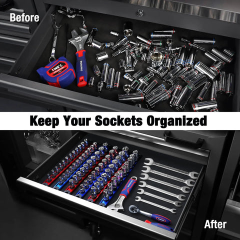 Heavy Duty Magnetic Socket Organizer Tray With Rock Solid Aluminum Frame And Quarter Inch Drive Rail Designed To Keep Your Daily Drivers Locked Up For Smooth Shop Operations