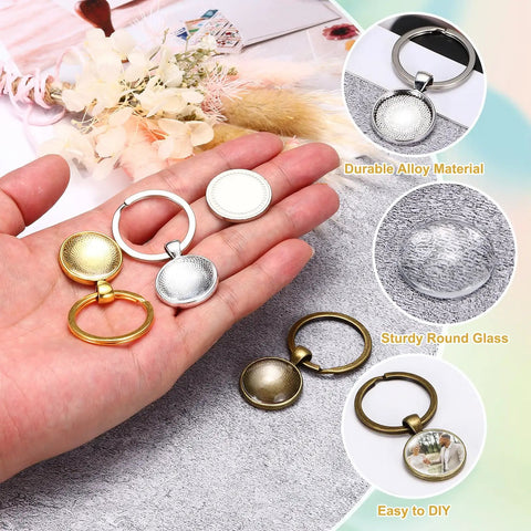 18 Piece Glass Cabochon Keychain Kit With Pendant Settings And Trays For DIY Key Ring Making, Blank Keychain Bases in silver, gold, bronze