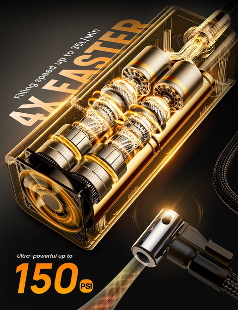 Portable Car Tire Inflator Air Compressor 150 PSI Cordless Quick Inflate With Gauge 4X Faster Inflation, internal gears shown