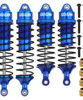 One Tenth Scale RC Car Front And Rear Shock Absorber Set For Beefed Up Four Wheel Drive 4x4 RC Trucks Upgrade Replacement Parts Blue 5862 Compatible With Slash Rustler Stampede And More, showing 4 blue alloy shocks for 4x4 trucks, including fittings.