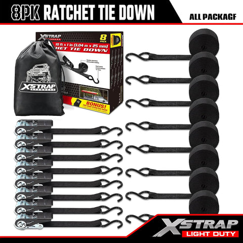 Eight Pack 1 Inch Wide By 10 Foot Ratchet Tie Down Straps Heavy Duty With 900 Pound Break Strength And 300 Pound Working Load Limit Each