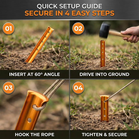 Quick setup guide for High Visibility Aluminum Tent Stakes 6-Pack, 12.6 Inch U-Shape Sand-Grip in use on soft ground