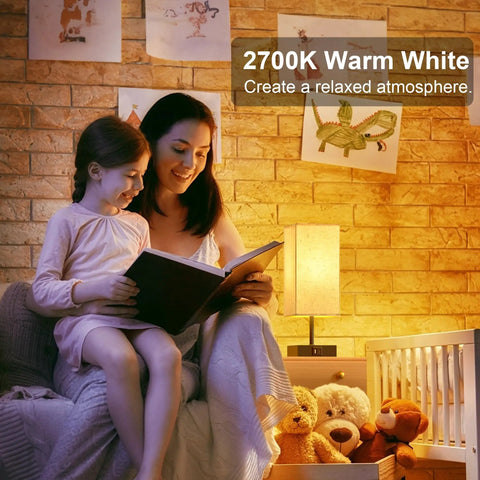 Mother and child reading beside a Beige Bedside Table Lamp With USB C And USB A Ports 3 Way Dimmable Touch Control LED Bulbs Included Flicker Free Eye Friendly Nightstand Light For Bedroom Living Room Office.