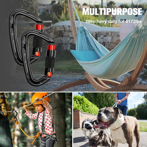 Heavy Duty Auto Lock Carabiner Clips 28KN 6172Lbs Aluminum 4 Pack in hammock, climbing, and dog leash setup
