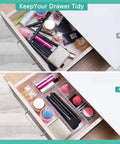 Six Piece Clear Acrylic Drawer Organizer Set For Makeup Cosmetics Jewelry Utensils Gadgets And Office Essentials Versatile Storage Trays With Customizable Layout To Fit Any Drawer Keep Stuff Neat And Accessible showing before and after drawer organization.