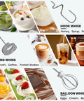 Handheld Rechargeable Milk Frother Wand With Detachable 3 Stainless Whisks, featuring spring, hook, and balloon whisk options for versatile use.
