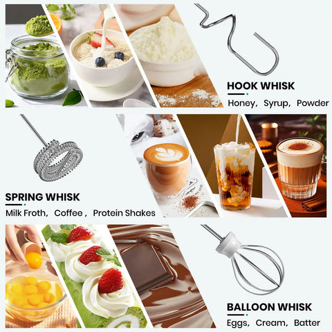 Handheld Rechargeable Milk Frother Wand With Detachable 3 Stainless Whisks, featuring spring, hook, and balloon whisk options for versatile use.