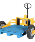 Heavy Duty All Terrain Steel Pallet Truck With Pneumatic Tires And Smooth Steering Glides Over Rough Ground Loads Up To Two Thousand Five Hundred Pounds Without A Sweat On Thirty Two Inch Forks Perfect Yard And Warehouse Workhorse, showing blue platform and yellow frame.