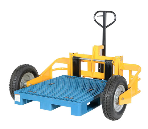 Heavy Duty All Terrain Steel Pallet Truck With Pneumatic Tires And Smooth Steering Glides Over Rough Ground Loads Up To Two Thousand Five Hundred Pounds Without A Sweat On Thirty Two Inch Forks Perfect Yard And Warehouse Workhorse, showing blue platform and yellow frame.