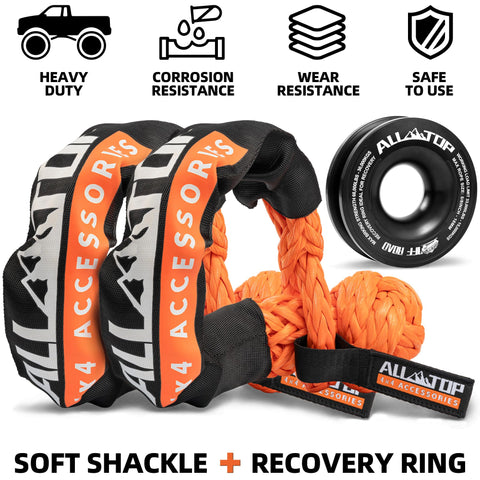 Hardcore Synthetic Soft Shackle and Recovery Ring Kit With Snatch Pulley Ring displayed with 3/4in x 24in dimensions