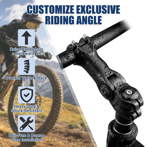 Adjustable Bike Stem For 25.4mm Handlebars And 28.6mm Forks, 100mm Center Length, shown with raised handlebars and tilt features