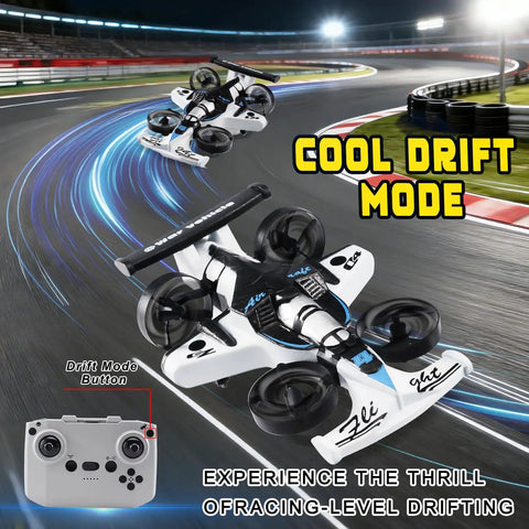 2 In 1 Flying Car And Stunt Drone Dual Mode RC Quadcopter And Racing Drift Vehicle Indoor Micro Remote Control Toy For Boys Aged 14 And Up in drift mode on a race track, showcasing durable white design with remote control.
