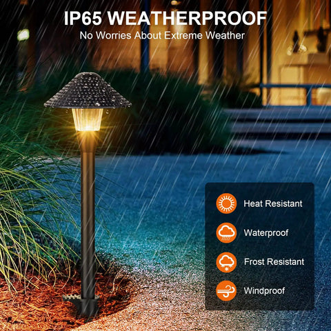 Lit 200LM Smart Outdoor Pathway Lights With 12V Low Voltage And App Control, warm white, shown weatherproof in rain