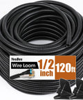 120 Ft Split Wire Loom Half Inch Black Tube Conduit for Automotive Wiring Protects Wires Under Hood, coiled with label