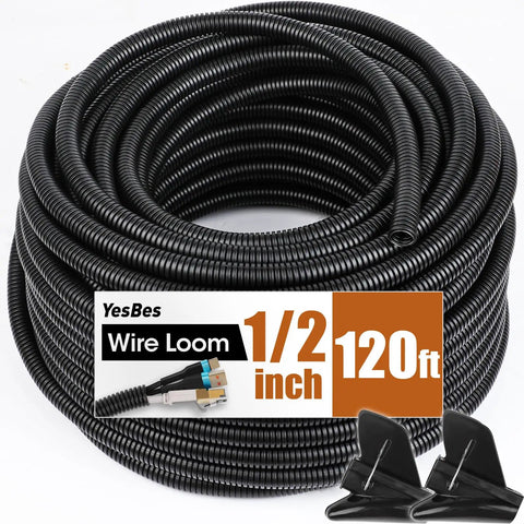 120 Ft Split Wire Loom Half Inch Black Tube Conduit for Automotive Wiring Protects Wires Under Hood, coiled with label