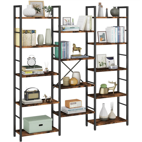 Big Ol Industrial Triple Column 5 Tier Bookshelf With Open Display Shelves For Home Office Rustic Brown Large Etagere Bookcase Storage Organizer