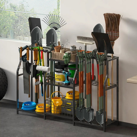 Three Tier Garden Tool Organizer Rack Heavy Duty Utility Stand With Shelves Slots Baskets And Hooks For Garage Shed Yard Basement Indoor Storage