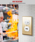 Duplex Receptacle Metal Wall Plate 1-Gang 4.50 By 2.76 Inches Brass Plated Stainless Steel in a kitchen setting