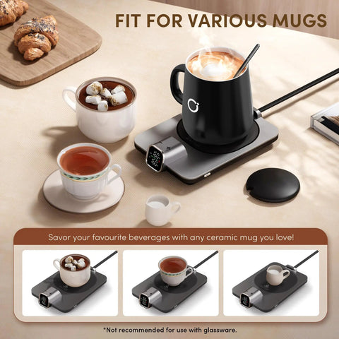 Smart Coffee Mug Warmer Set Keeps Your Brew Hot All Day With Real Time Temperature Readout, 15oz Ceramic Mug Lid, Spoon