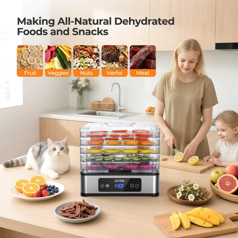Killer Food Dehydrator Packing Five Stainless Steel Trays And Slick Temperature Knobs For Legit Jerky Fruit And Herb Drying That Boasts Hella Even Airflow And Top Shelf Results in a kitchen with various dried fruits.