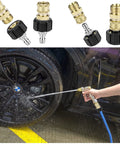 Pressure washer adapter set: 2 brass M22 to 1/4 in quick-connect adapters with black collars, shown attached to spray hose