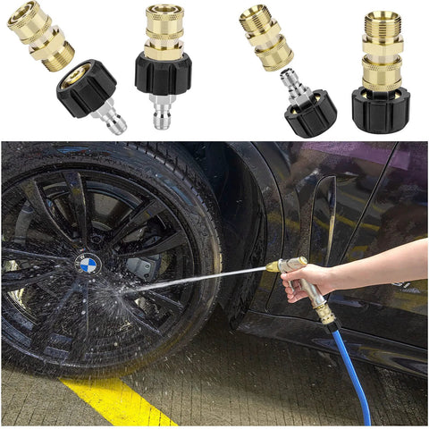 Pressure washer adapter set: 2 brass M22 to 1/4 in quick-connect adapters with black collars, shown attached to spray hose