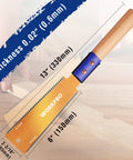 Kickass Six Inch Japanese Pull Saw Featuring Double Edged Design With Fourteen Teeth Rip Side And Seventeen Teeth Cross Cut Blades For Slick Precision Woodworking And Pro Grade Carpentry Projects placed on workbench with dimensions displayed.