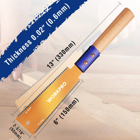 Kickass Six Inch Japanese Pull Saw Featuring Double Edged Design With Fourteen Teeth Rip Side And Seventeen Teeth Cross Cut Blades For Slick Precision Woodworking And Pro Grade Carpentry Projects placed on workbench with dimensions displayed.