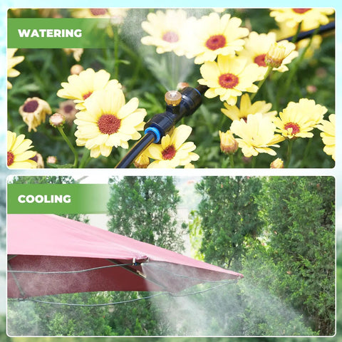 Outdoor Misting System With 26 Foot Hose, 7 Brass Nozzles, Three Quarter Inch Brass Adapter And Programmable Water Timer