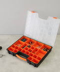 19 Removable Compartments Small Parts Organizer Box With Customizable Storage Grab-And-Go Portable Hardware Case Durable Plastic Construction Secure Locking Lid Black And Orange 16.5 By 13.2 By 2.4 Inches open on table