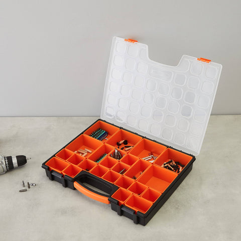 19 Removable Compartments Small Parts Organizer Box With Customizable Storage Grab-And-Go Portable Hardware Case Durable Plastic Construction Secure Locking Lid Black And Orange 16.5 By 13.2 By 2.4 Inches open on table